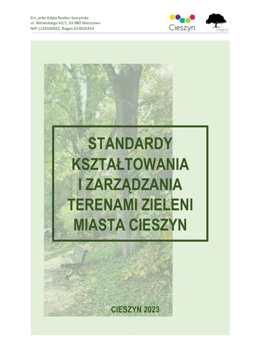 Okładka lub pierwsza strona: Standardy kształtowania i zarządzania terenami zieleni miasta Cieszyn
