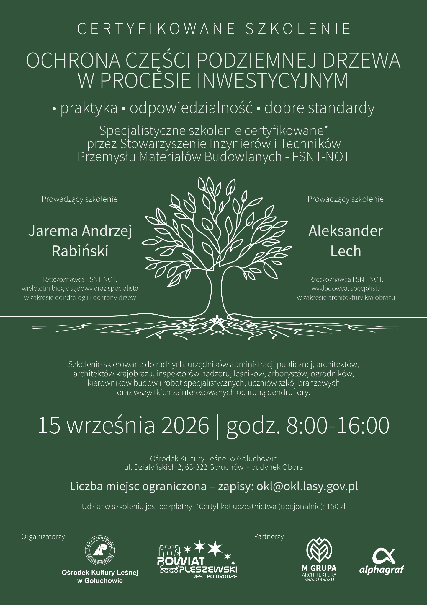 Plakat szkolenia Ochrona części podziemnej drzewa w procesie inwestycyjnym, 15 września 2026, Gołuchów